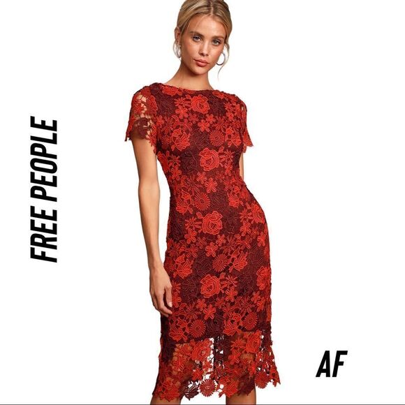 Eva Franco For Free People Bridgitte Embroidered Midi Dress New 14 Orange Red - Picture 1 of 9